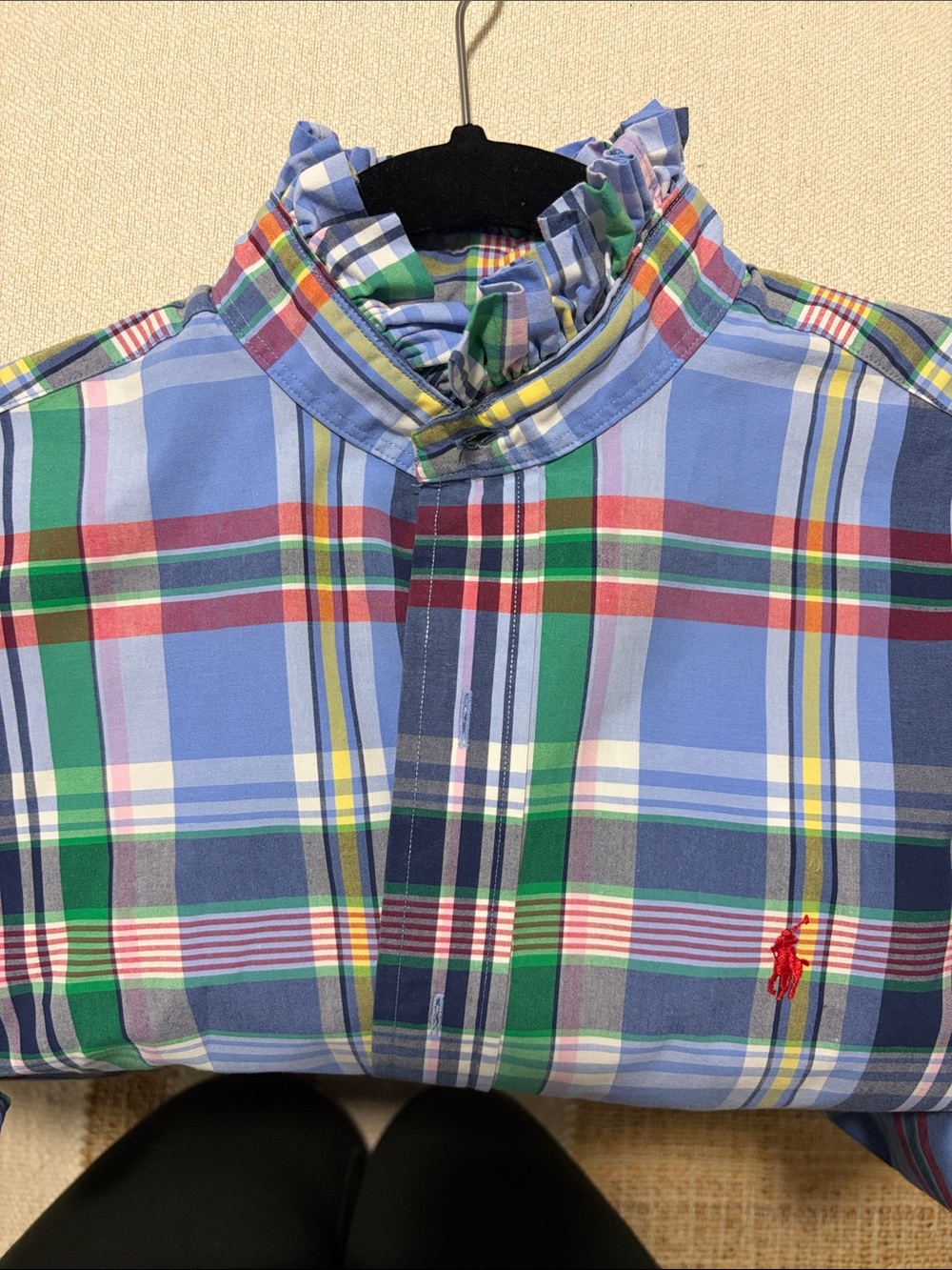 Ralph Lauren Blue Multi-Color Plaid Button-Down Shirt with ruffled collar